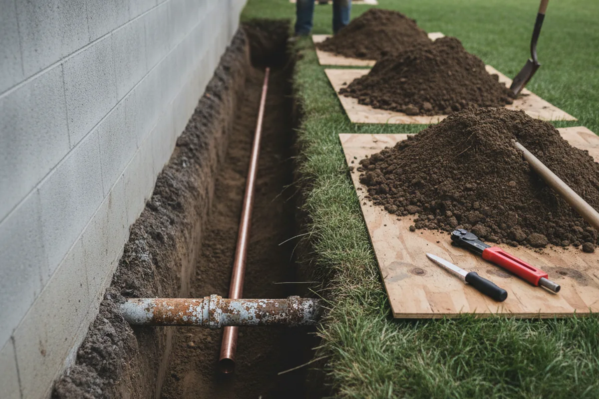 Excavated water line trench during Water Softener Installation in Walnut